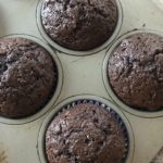 chocolate zucchini muffins in baking pan